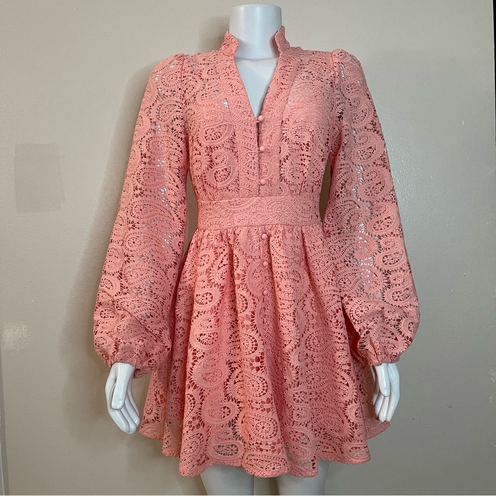Blush pink V-neck floral crochet lace long sleeve  mini dress